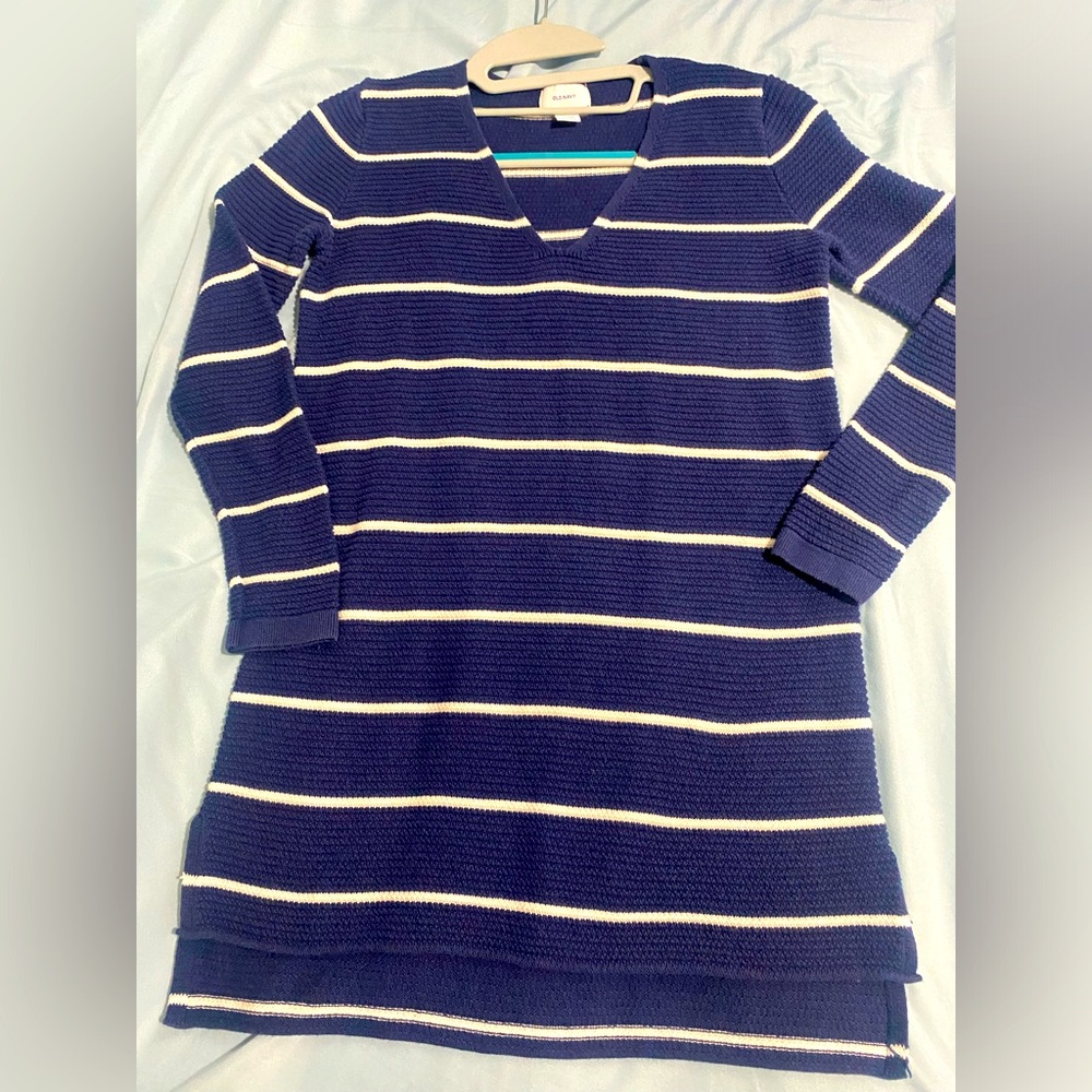 ❤️🙌Vertical Striped Thermal Scoop V-neck Blue & White Long Sleeved Warm Tunic